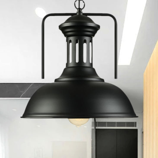 1 Light Pendant Lighting Vintage Style Bowl Shade Metal Ceiling Fixture in Black with Vented Socket Clearhalo 'Art Deco Pendants' 'Black' 'Cast Iron' 'Ceiling Lights' 'Ceramic' 'Crystal' 'Industrial Pendants' 'Industrial' 'Metal' 'Middle Century Pendants' 'Pendant Lights' 'Pendants' 'Rustic Pendants' 'Tiffany' Lighting' 1421174