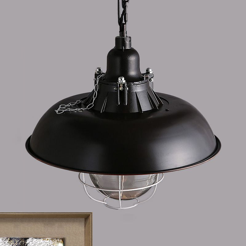 1 Head Bowl Hanging Fixture Industrial Black/Rust Metal and Glass Ceiling Light with Wire Cage for Restaurant Clearhalo 'Ceiling Lights' 'Close To Ceiling Lights' 'Glass shade' 'Glass' 'Industrial Pendants' 'Industrial' 'Middle Century Pendants' 'Pendant Lights' 'Pendants' 'Tiffany' Lighting' 1421179
