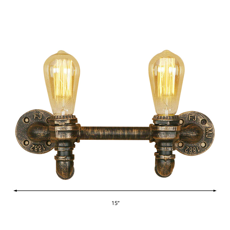 Aged Brass 2 Lights Wall Sconce Light Rustic Industrial Wrought Iron Exposed Wall Mount Light Clearhalo 'Art deco wall lights' 'Cast Iron' 'Glass' 'Industrial wall lights' 'Industrial' 'Middle century wall lights' 'Modern' 'Rustic wall lights' 'Tiffany' 'Traditional wall lights' 'Wall Lamps & Sconces' 'Wall Lights' Lighting' 142119