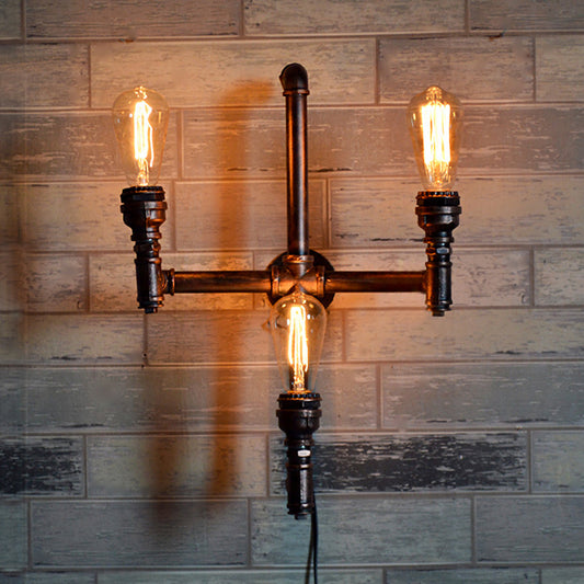 Bare Bulb Restaurant Wall Lighting with Plumbing Pipe Vintage Style Metallic 3 Heads Rust Sconce Light Rust Clearhalo 'Art deco wall lights' 'Cast Iron' 'Glass' 'Industrial wall lights' 'Industrial' 'Middle century wall lights' 'Modern' 'Rustic wall lights' 'Tiffany' 'Traditional wall lights' 'Wall Lamps & Sconces' 'Wall Lights' Lighting' 142120