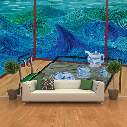 Chinese Tearoom Wallpaper Mural Blue-Brown Artistry Wall Decoration for Living Room Blue-Brown Clearhalo 'Wall Decor' 'Wall Mural' 1421318