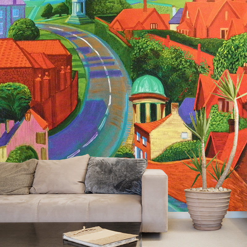 Road Through Small Town Mural Orange-Green Modern Art Wall Covering for Living Room Clearhalo 'Wall Decor' 'Wall Mural' 1421464