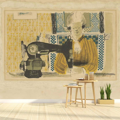 Pastel Color Art Deco Murals Full Size Woman with Sewing Machine Drawing Wall Covering for Home Beige Clearhalo 'Wall Decor' 'Wall Mural' 1421683