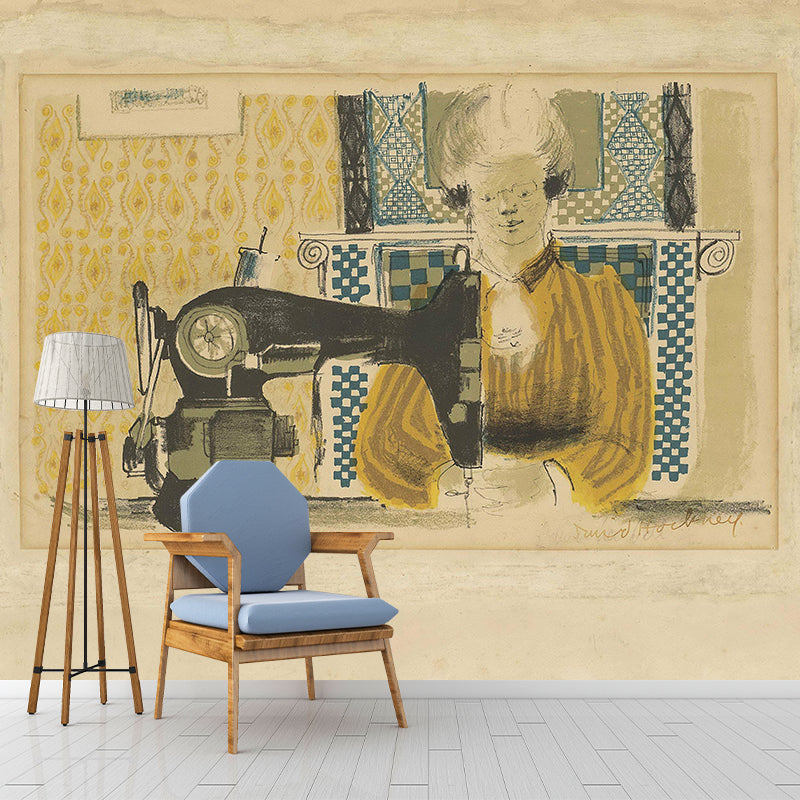Pastel Color Art Deco Murals Full Size Woman with Sewing Machine Drawing Wall Covering for Home Clearhalo 'Wall Decor' 'Wall Mural' 1421684