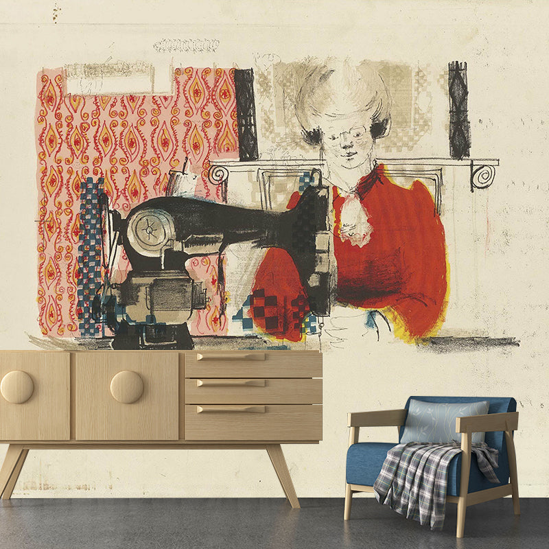 Pastel Color Art Deco Murals Full Size Woman with Sewing Machine Drawing Wall Covering for Home Orange Red Clearhalo 'Wall Decor' 'Wall Mural' 1421688