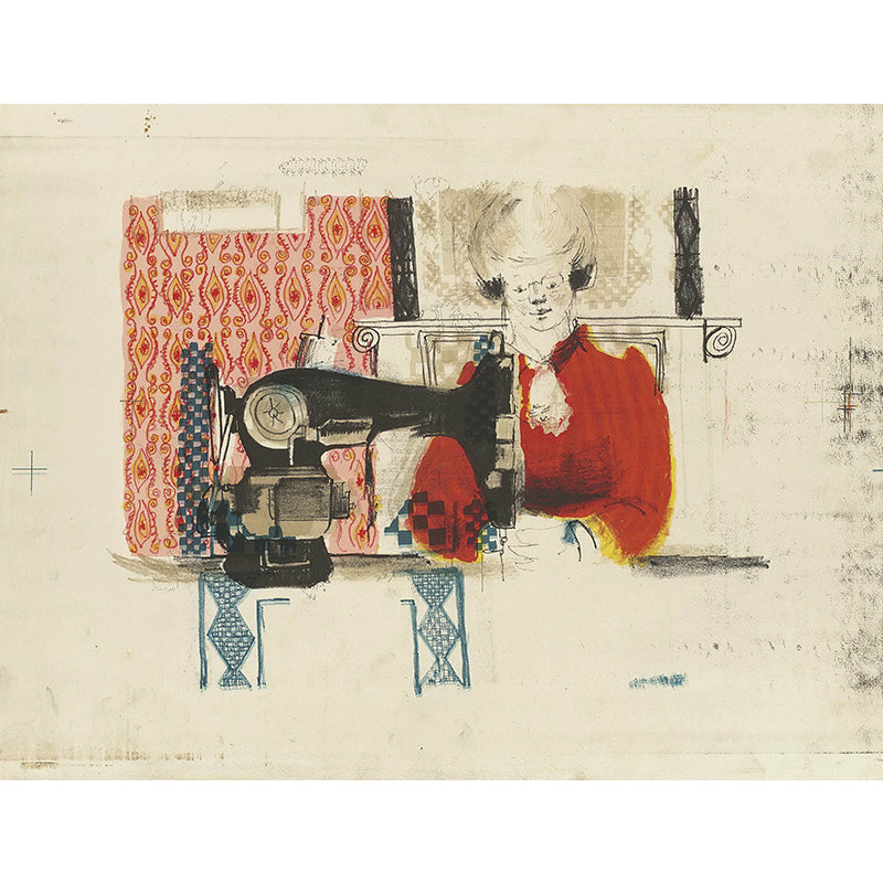 Pastel Color Art Deco Murals Full Size Woman with Sewing Machine Drawing Wall Covering for Home Clearhalo 'Wall Decor' 'Wall Mural' 1421691