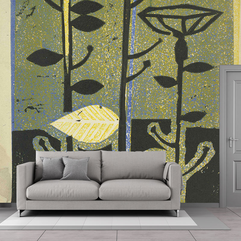 Art Deco Flowers Painting Murals Yellow-Brown Bedroom Wall Decoration, Custom-Print Clearhalo 'Wall Decor' 'Wall Mural' 1421754
