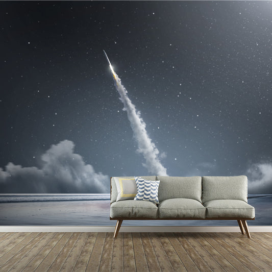 Starry Sky Rocket Wallpaper Mural Futuristic Non-Woven Material Wall Decor in Blue-White Clearhalo 'Wall Decor' 'Wall Mural' 1421854