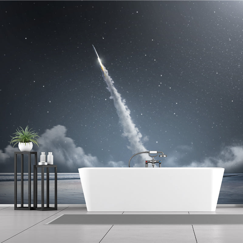 Starry Sky Rocket Wallpaper Mural Futuristic Non-Woven Material Wall Decor in Blue-White Clearhalo 'Wall Decor' 'Wall Mural' 1421855