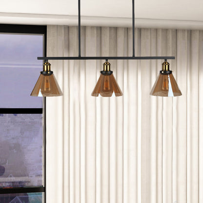 Amber Glass Cone/Globe Island Pendant Light Vintage 3 Lights Dining Room Hanging Lamp Amber Cone Clearhalo 'Ceiling Lights' 'Chandeliers' 'Glass shade' 'Glass' 'Island Lights' Lighting' 142186