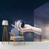 Large Sci-Fi Mural Wallpaper Blue Hand Breaking Window with Earth Ball Wall Art, Custom Size Clearhalo 'Wall Decor' 'Wall Mural' 1421937