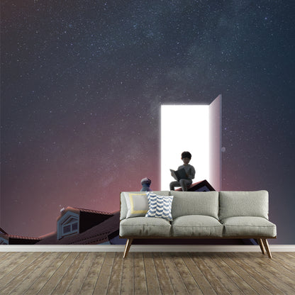 Mystic Boy Reading Mural Wallpaper for Bedroom Time Travel Wall Decor, Custom Print Purplish Blue Clearhalo 'Wall Decor' 'Wall Mural' 1421991