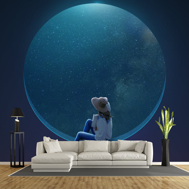 Non-Woven Washable Murals Sci-Fi Girl and Starry Moon Night Wall Art for Bedroom Blue Clearhalo 'Wall Decor' 'Wall Mural' 1422023
