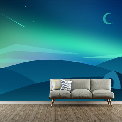 Aqua Scandinavian Mural Decal Whole Tent and Night Scene Wall Covering for Bedroom Aqua Clearhalo 'Wall Decor' 'Wall Mural' 1422073