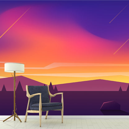 Whole Mountain Meteor Shower Mural for Bedroom Night Scenery Wall Art in Yellow-Blue, Washable Yellow-Blue Clearhalo 'Wall Decor' 'Wall Mural' 1422084