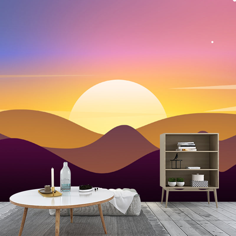 Yellow Sunrise over Mountain Murals Dawn Scenery Modern Waterproof Wall Art for Home Yellow Clearhalo 'Wall Decor' 'Wall Mural' 1422099