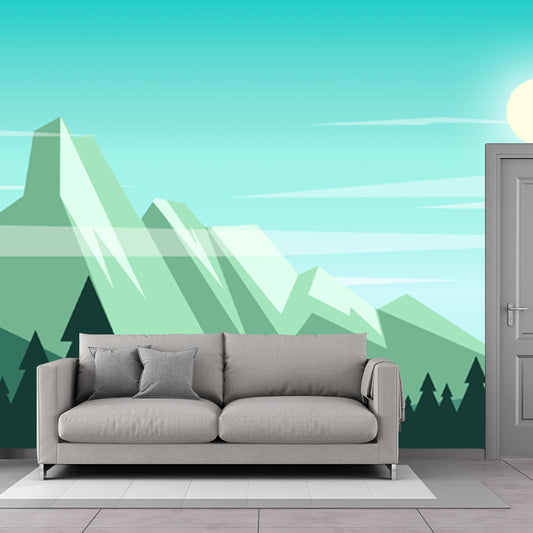 Nordic Sunshine on Mountain Murals in Aqua Pipe-Forest Wall Covering for Living Room