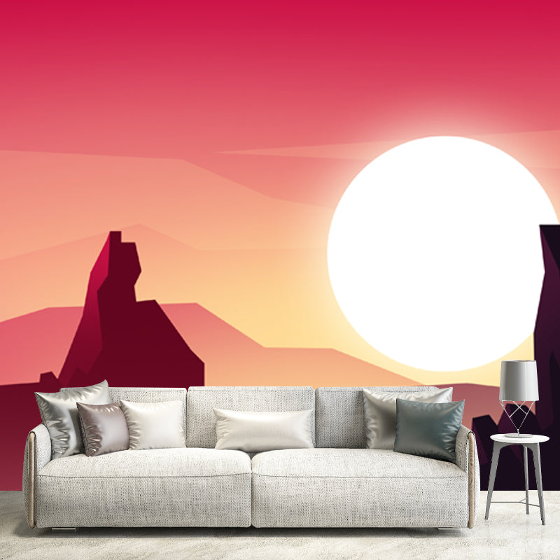 Yellow-Red Modern Art Mural Full Size Super Moon over Desert Castle Wall Decor for Corridor Clearhalo 'Wall Decor' 'Wall Mural' 1422135