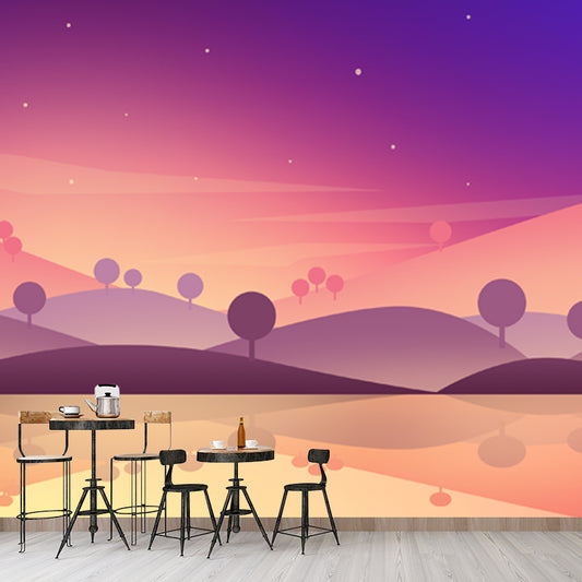 Purple-Yellow Night Scene Mural River and Hills Modern Waterproof Wall Art for Bedroom Clearhalo 'Wall Decor' 'Wall Mural' 1422160