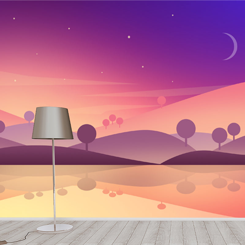 Purple-Yellow Night Scene Mural River and Hills Modern Waterproof Wall Art for Bedroom Clearhalo 'Wall Decor' 'Wall Mural' 1422161