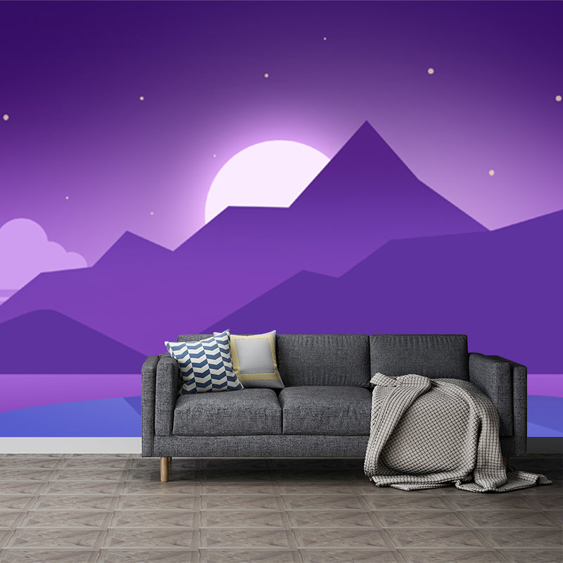 Full-Size Artistic Mural Wallpaper in Purple Riverside Mountain with Rising Moon Pattern Wall Decor, Custom Made Clearhalo 'Wall Decor' 'Wall Mural' 1422175