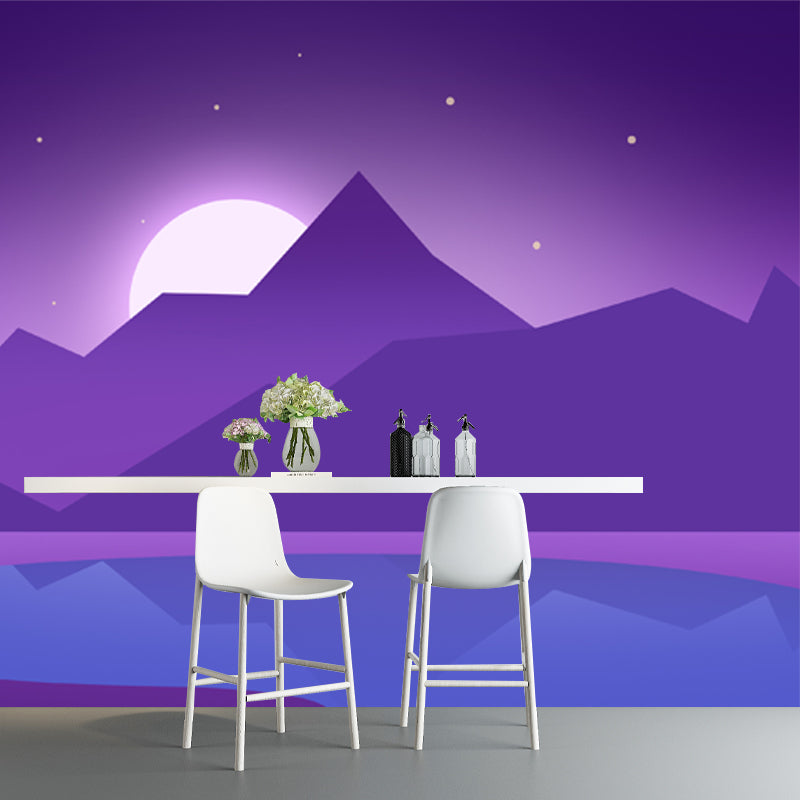 Full-Size Artistic Mural Wallpaper in Purple Riverside Mountain with Rising Moon Pattern Wall Decor, Custom Made Clearhalo 'Wall Decor' 'Wall Mural' 1422176