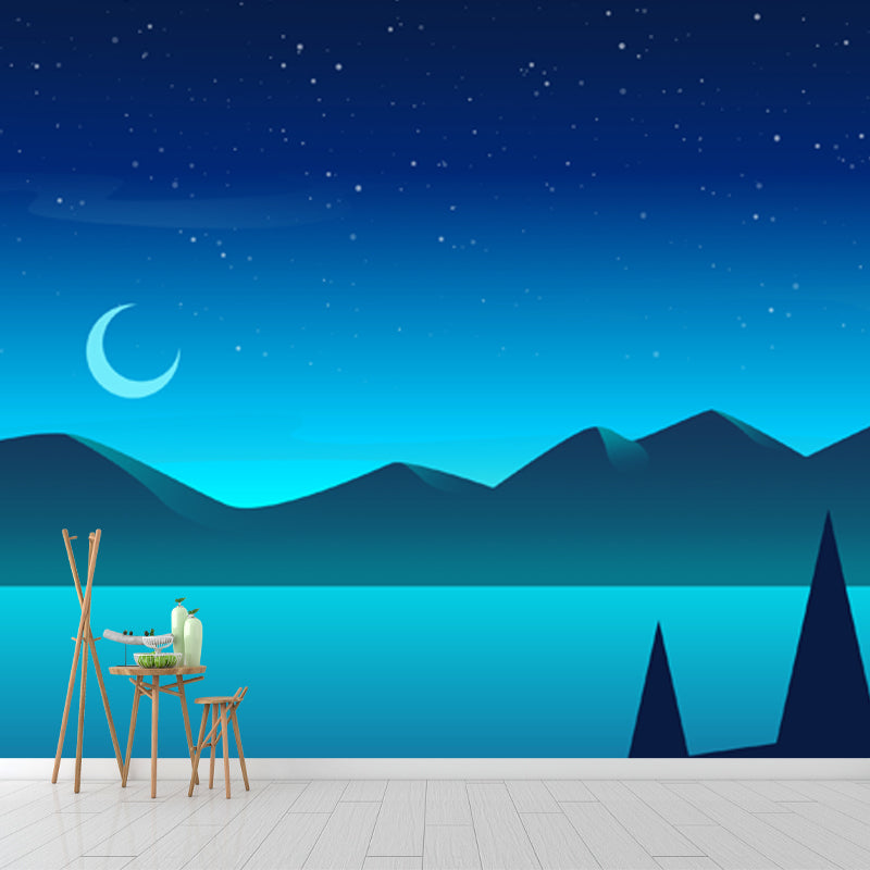 Night Time Mountain River Mural Modern Non-Woven Wall Art in Blue for Living Room Blue Clearhalo 'Wall Decor' 'Wall Mural' 1422333