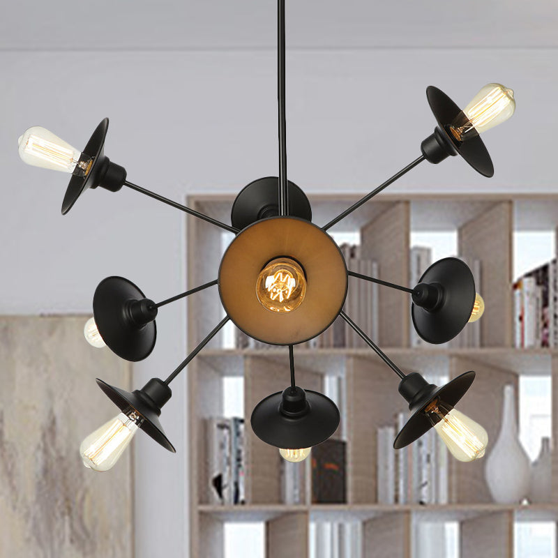 Black Flare Shade Chandelier Lighting Fixture Factory Metal 9/12/15 Lights Living Room Hanging Ceiling Light with Sputnik Design Clearhalo 'Cast Iron' 'Ceiling Lights' 'Chandeliers' 'Industrial Chandeliers' 'Industrial' 'Metal' 'Middle Century Chandeliers' 'Rustic Chandeliers' 'Tiffany' Lighting' 1422947