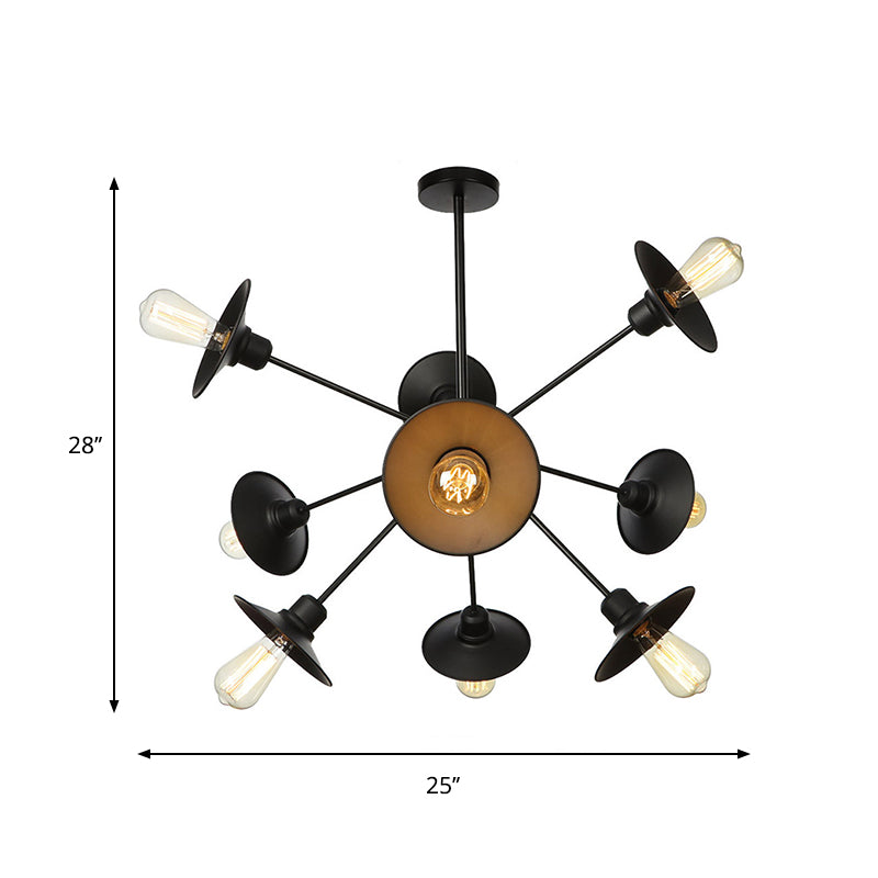 Black Flare Shade Chandelier Lighting Fixture Factory Metal 9/12/15 Lights Living Room Hanging Ceiling Light with Sputnik Design Clearhalo 'Cast Iron' 'Ceiling Lights' 'Chandeliers' 'Industrial Chandeliers' 'Industrial' 'Metal' 'Middle Century Chandeliers' 'Rustic Chandeliers' 'Tiffany' Lighting' 1422951