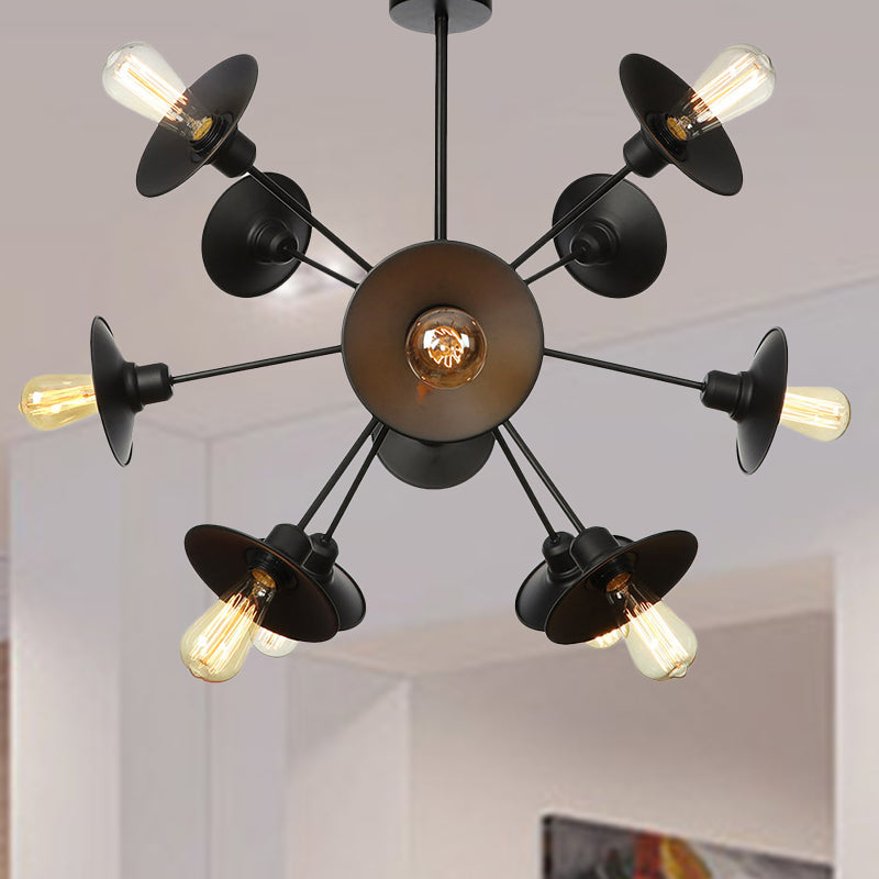 Black Flare Shade Chandelier Lighting Fixture Factory Metal 9/12/15 Lights Living Room Hanging Ceiling Light with Sputnik Design Clearhalo 'Cast Iron' 'Ceiling Lights' 'Chandeliers' 'Industrial Chandeliers' 'Industrial' 'Metal' 'Middle Century Chandeliers' 'Rustic Chandeliers' 'Tiffany' Lighting' 1422952