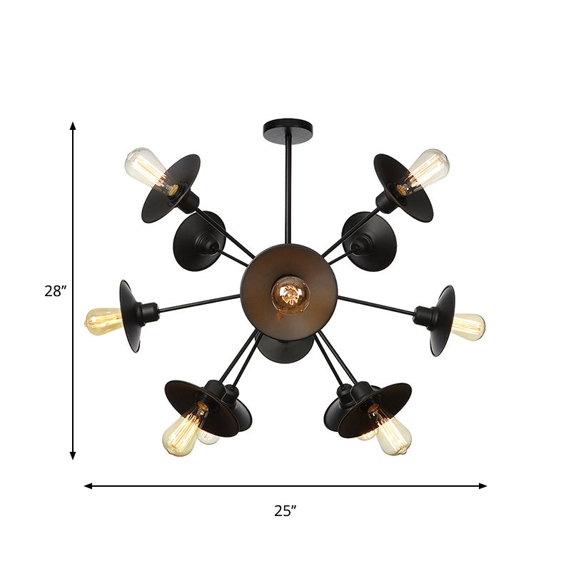 Black Flare Shade Chandelier Lighting Fixture Factory Metal 9/12/15 Lights Living Room Hanging Ceiling Light with Sputnik Design Clearhalo 'Cast Iron' 'Ceiling Lights' 'Chandeliers' 'Industrial Chandeliers' 'Industrial' 'Metal' 'Middle Century Chandeliers' 'Rustic Chandeliers' 'Tiffany' Lighting' 1422955