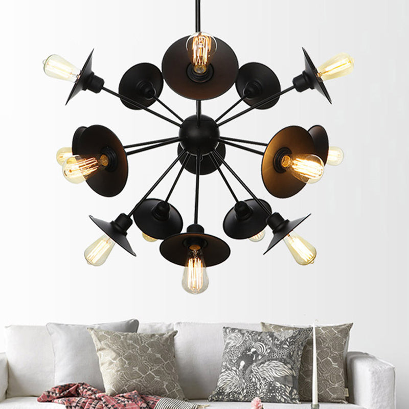 Black Flare Shade Chandelier Lighting Fixture Factory Metal 9/12/15 Lights Living Room Hanging Ceiling Light with Sputnik Design Clearhalo 'Cast Iron' 'Ceiling Lights' 'Chandeliers' 'Industrial Chandeliers' 'Industrial' 'Metal' 'Middle Century Chandeliers' 'Rustic Chandeliers' 'Tiffany' Lighting' 1422960