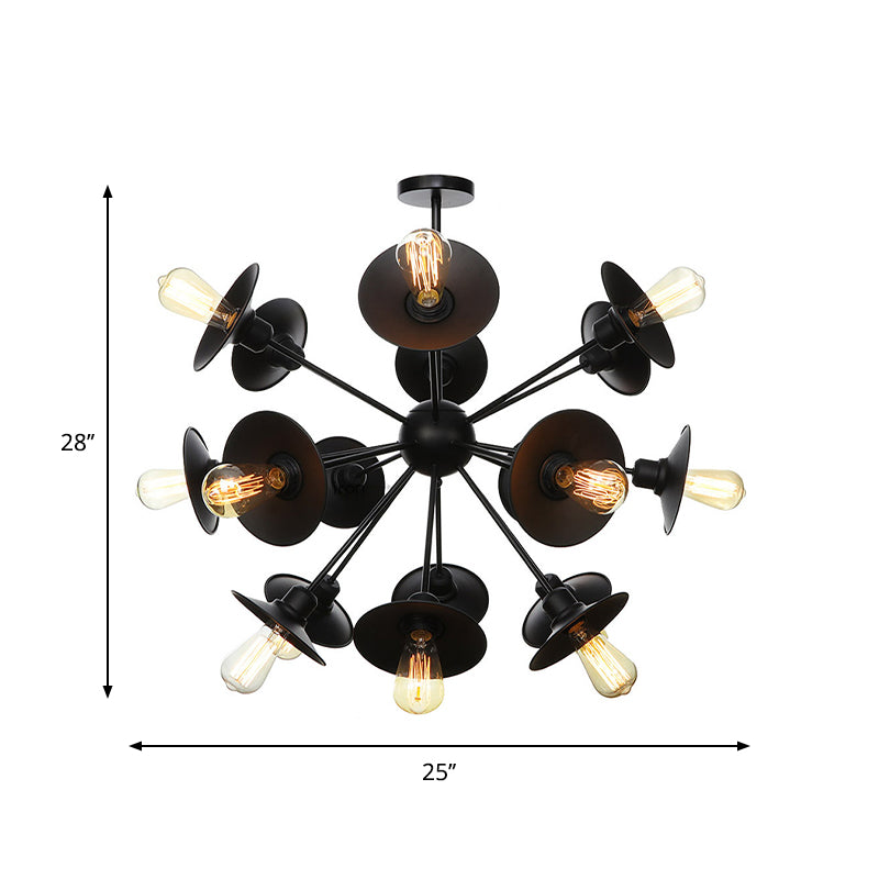 Black Flare Shade Chandelier Lighting Fixture Factory Metal 9/12/15 Lights Living Room Hanging Ceiling Light with Sputnik Design Clearhalo 'Cast Iron' 'Ceiling Lights' 'Chandeliers' 'Industrial Chandeliers' 'Industrial' 'Metal' 'Middle Century Chandeliers' 'Rustic Chandeliers' 'Tiffany' Lighting' 1422967