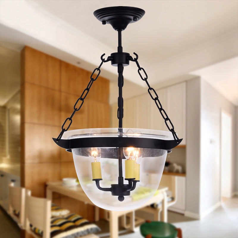 Domed Dining Room Chandelier Pendant Light Industrial Clear Glass 3-Light Black Hanging Fixture with Chain Black A Clearhalo 'Ceiling Lights' 'Chandeliers' 'Glass shade' 'Glass' 'Industrial Chandeliers' 'Industrial' 'Middle Century Chandeliers' 'Pendant Lights' 'Tiffany' Lighting' 142297