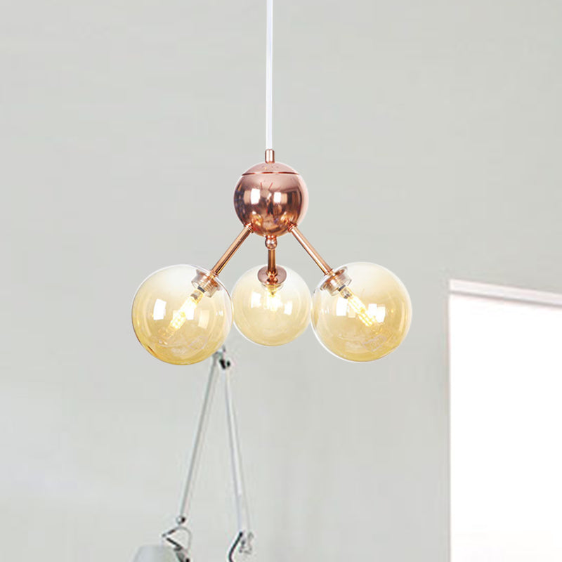 Copper 3/9/12 Lights Ceiling Chandelier Vintage Clear/Amber Glass Orb Shade Hanging Fixture with Branch Design, 13"/27.5"/34" W 3 Amber 13" Clearhalo 'Cast Iron' 'Ceiling Lights' 'Chandeliers' 'Clear' 'Industrial Chandeliers' 'Industrial' 'Metal' 'Middle Century Chandeliers' 'Modern' 'Rustic Chandeliers' 'Tiffany' 'Traditional Chandeliers' Lighting' 1423081