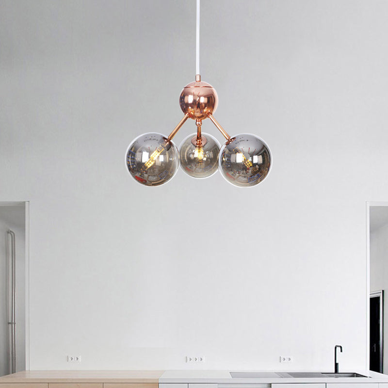 Copper 3/9/12 Lights Ceiling Chandelier Vintage Clear/Amber Glass Orb Shade Hanging Fixture with Branch Design, 13"/27.5"/34" W 3 Smoke Gray 13" Clearhalo 'Cast Iron' 'Ceiling Lights' 'Chandeliers' 'Clear' 'Industrial Chandeliers' 'Industrial' 'Metal' 'Middle Century Chandeliers' 'Modern' 'Rustic Chandeliers' 'Tiffany' 'Traditional Chandeliers' Lighting' 1423086