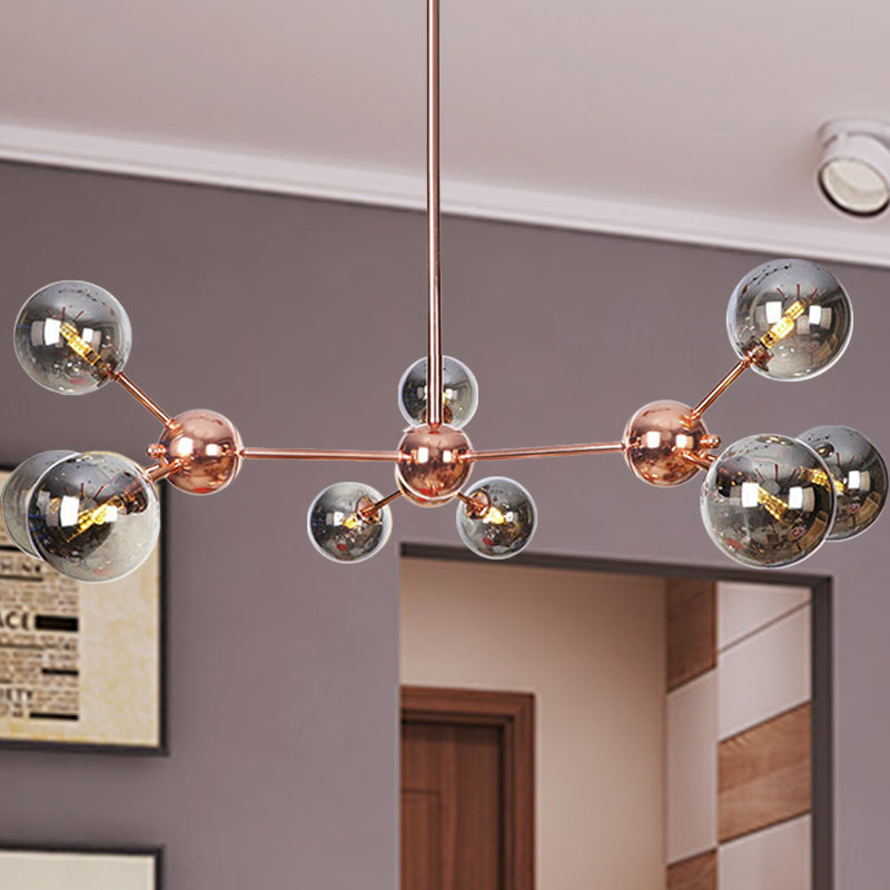 Copper 3/9/12 Lights Ceiling Chandelier Vintage Clear/Amber Glass Orb Shade Hanging Fixture with Branch Design, 13"/27.5"/34" W Clearhalo 'Cast Iron' 'Ceiling Lights' 'Chandeliers' 'Clear' 'Industrial Chandeliers' 'Industrial' 'Metal' 'Middle Century Chandeliers' 'Modern' 'Rustic Chandeliers' 'Tiffany' 'Traditional Chandeliers' Lighting' 1423097