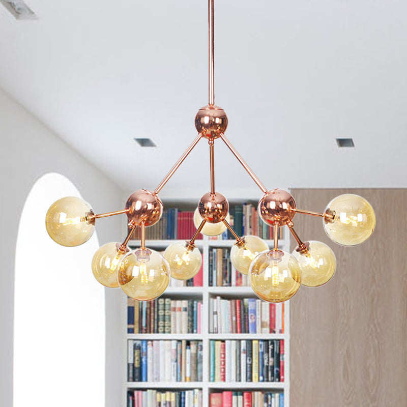 Copper 3/9/12 Lights Ceiling Chandelier Vintage Clear/Amber Glass Orb Shade Hanging Fixture with Branch Design, 13"/27.5"/34" W Clearhalo 'Cast Iron' 'Ceiling Lights' 'Chandeliers' 'Clear' 'Industrial Chandeliers' 'Industrial' 'Metal' 'Middle Century Chandeliers' 'Modern' 'Rustic Chandeliers' 'Tiffany' 'Traditional Chandeliers' Lighting' 1423105