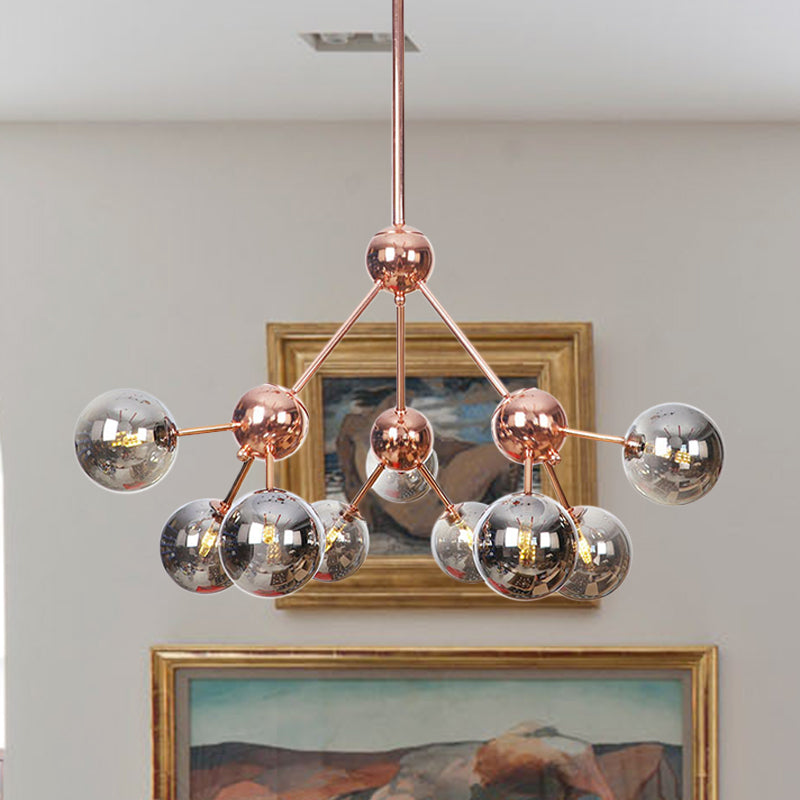 Copper 3/9/12 Lights Ceiling Chandelier Vintage Clear/Amber Glass Orb Shade Hanging Fixture with Branch Design, 13"/27.5"/34" W Clearhalo 'Cast Iron' 'Ceiling Lights' 'Chandeliers' 'Clear' 'Industrial Chandeliers' 'Industrial' 'Metal' 'Middle Century Chandeliers' 'Modern' 'Rustic Chandeliers' 'Tiffany' 'Traditional Chandeliers' Lighting' 1423110