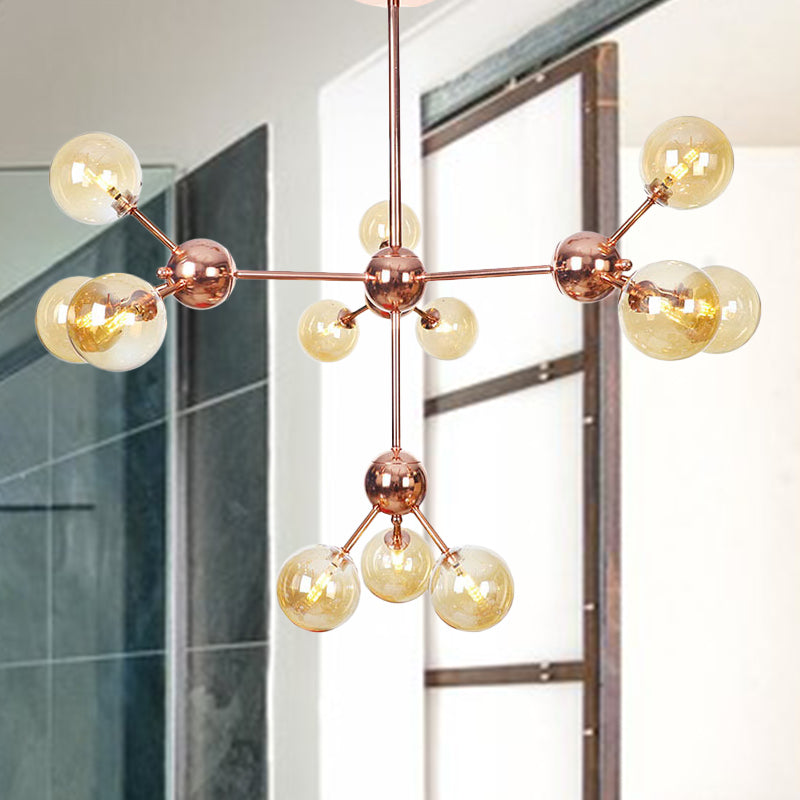 Copper 3/9/12 Lights Ceiling Chandelier Vintage Clear/Amber Glass Orb Shade Hanging Fixture with Branch Design, 13"/27.5"/34" W Clearhalo 'Cast Iron' 'Ceiling Lights' 'Chandeliers' 'Clear' 'Industrial Chandeliers' 'Industrial' 'Metal' 'Middle Century Chandeliers' 'Modern' 'Rustic Chandeliers' 'Tiffany' 'Traditional Chandeliers' Lighting' 1423118