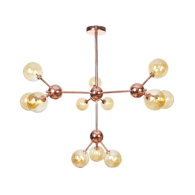 Copper 3/9/12 Lights Ceiling Chandelier Vintage Clear/Amber Glass Orb Shade Hanging Fixture with Branch Design, 13"/27.5"/34" W Clearhalo 'Cast Iron' 'Ceiling Lights' 'Chandeliers' 'Clear' 'Industrial Chandeliers' 'Industrial' 'Metal' 'Middle Century Chandeliers' 'Modern' 'Rustic Chandeliers' 'Tiffany' 'Traditional Chandeliers' Lighting' 1423120
