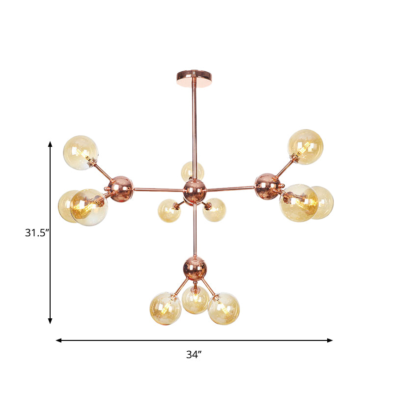 Copper 3/9/12 Lights Ceiling Chandelier Vintage Clear/Amber Glass Orb Shade Hanging Fixture with Branch Design, 13"/27.5"/34" W Clearhalo 'Cast Iron' 'Ceiling Lights' 'Chandeliers' 'Clear' 'Industrial Chandeliers' 'Industrial' 'Metal' 'Middle Century Chandeliers' 'Modern' 'Rustic Chandeliers' 'Tiffany' 'Traditional Chandeliers' Lighting' 1423121
