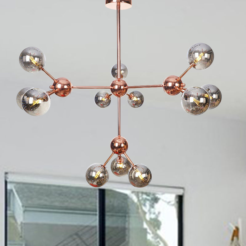 Copper 3/9/12 Lights Ceiling Chandelier Vintage Clear/Amber Glass Orb Shade Hanging Fixture with Branch Design, 13"/27.5"/34" W Clearhalo 'Cast Iron' 'Ceiling Lights' 'Chandeliers' 'Clear' 'Industrial Chandeliers' 'Industrial' 'Metal' 'Middle Century Chandeliers' 'Modern' 'Rustic Chandeliers' 'Tiffany' 'Traditional Chandeliers' Lighting' 1423122