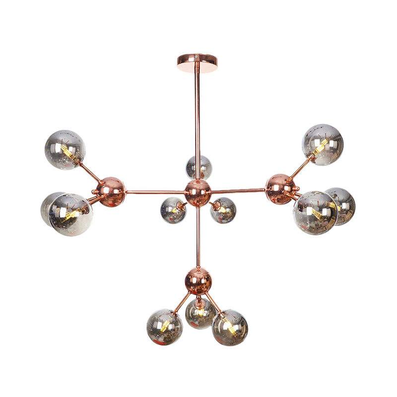 Copper 3/9/12 Lights Ceiling Chandelier Vintage Clear/Amber Glass Orb Shade Hanging Fixture with Branch Design, 13"/27.5"/34" W Clearhalo 'Cast Iron' 'Ceiling Lights' 'Chandeliers' 'Clear' 'Industrial Chandeliers' 'Industrial' 'Metal' 'Middle Century Chandeliers' 'Modern' 'Rustic Chandeliers' 'Tiffany' 'Traditional Chandeliers' Lighting' 1423124