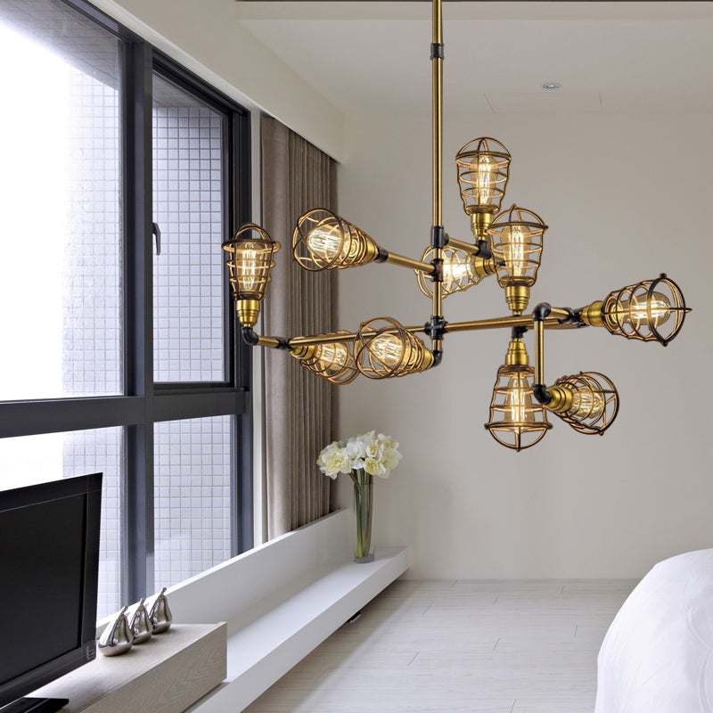 Multi Light Caged Chandelier Lighting with Bulb Shaped Vintage Loft Brushed Brass Metallic Mini Pendant Lamp Brushed Brass Clearhalo 'Cast Iron' 'Ceiling Lights' 'Chandeliers' 'Industrial Chandeliers' 'Industrial' 'Metal' 'Middle Century Chandeliers' 'Rustic Chandeliers' 'Tiffany' Lighting' 142340