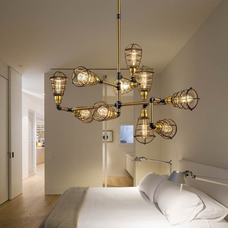 Multi Light Caged Chandelier Lighting with Bulb Shaped Vintage Loft Brushed Brass Metallic Mini Pendant Lamp Clearhalo 'Cast Iron' 'Ceiling Lights' 'Chandeliers' 'Industrial Chandeliers' 'Industrial' 'Metal' 'Middle Century Chandeliers' 'Rustic Chandeliers' 'Tiffany' Lighting' 142341