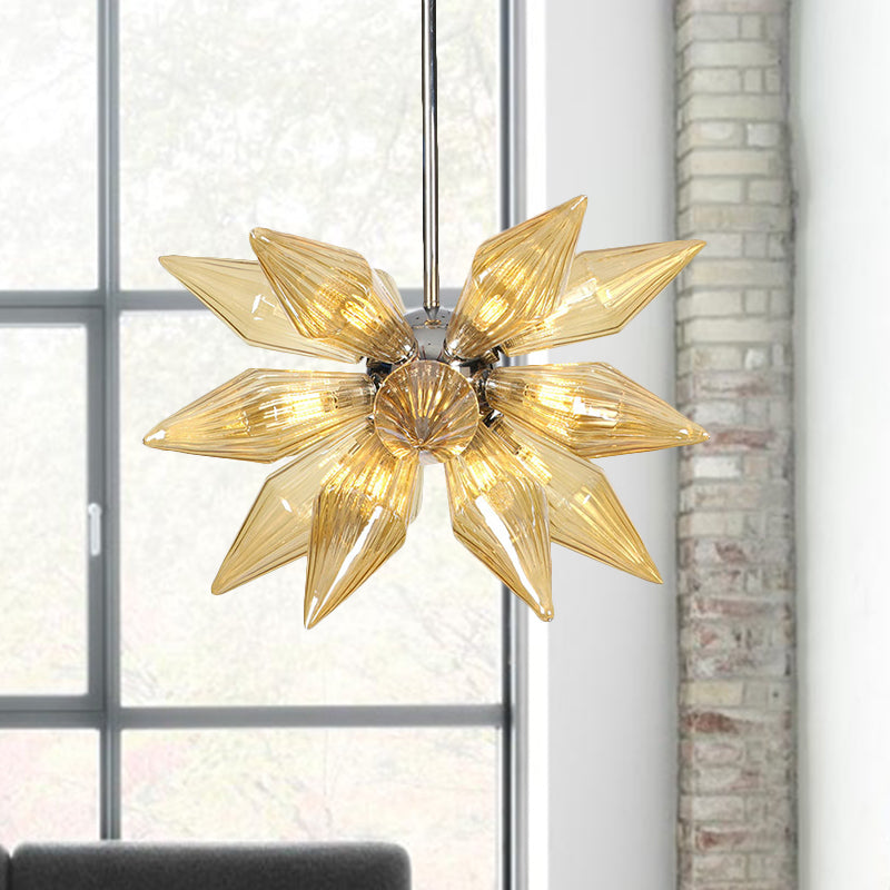 Diamond Clear/Amber Glass Chandelier Industrial 9/12/15 Heads Kitchen Pendant Lighting Fixture in Chrome/Gold Clearhalo 'Ceiling Lights' 'Chandeliers' 'Close To Ceiling Lights' 'Glass shade' 'Glass' 'Industrial Chandeliers' 'Industrial' 'Middle Century Chandeliers' 'Tiffany' Lighting' 1423462