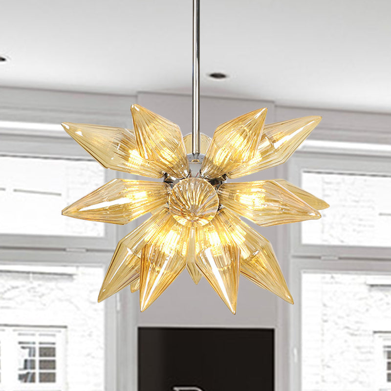 Diamond Clear/Amber Glass Chandelier Industrial 9/12/15 Heads Kitchen Pendant Lighting Fixture in Chrome/Gold 21 Chrome Amber Clearhalo 'Ceiling Lights' 'Chandeliers' 'Close To Ceiling Lights' 'Glass shade' 'Glass' 'Industrial Chandeliers' 'Industrial' 'Middle Century Chandeliers' 'Tiffany' Lighting' 1423482