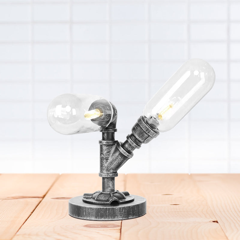 Capsule Clear/Amber Glass Night Light Farmhouse 2/3 Heads Tearoom LED Table Lamp with Pipe Base Clearhalo 'Lamps' 'Table Lamps' Lighting' 1423802