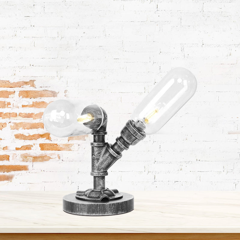 Capsule Clear/Amber Glass Night Light Farmhouse 2/3 Heads Tearoom LED Table Lamp with Pipe Base Clear A Clearhalo 'Lamps' 'Table Lamps' Lighting' 1423803